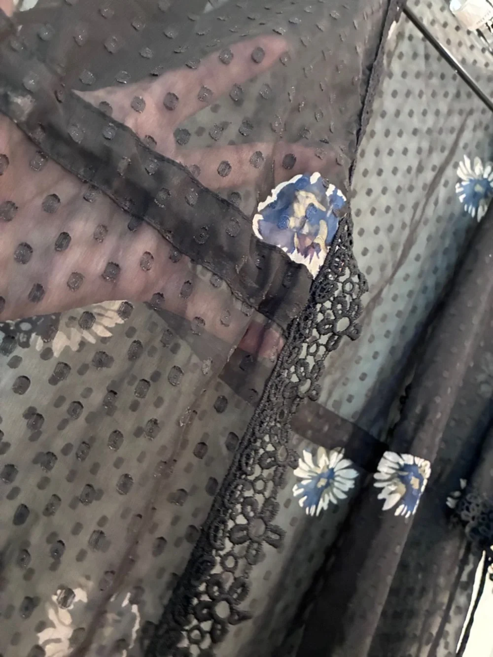 Source Unknown Black Sheer Floral Duster with Blue & White Flowers